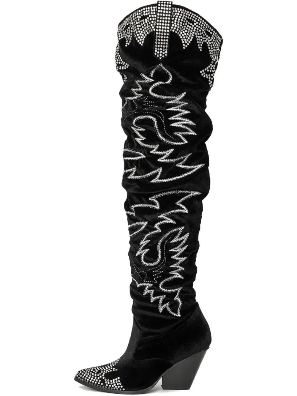 Women's Black Rhinestone Embroidered Thigh High Slouchy Wide Calf Cowgirl Boots